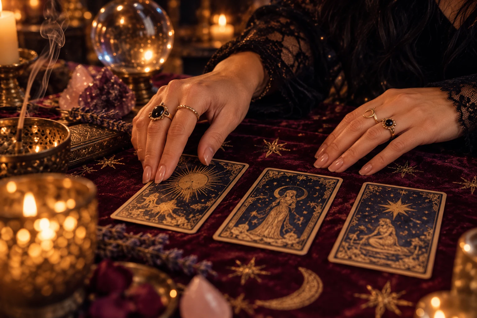 Hände legen drei Tarotkarten auf ein Samttuch
